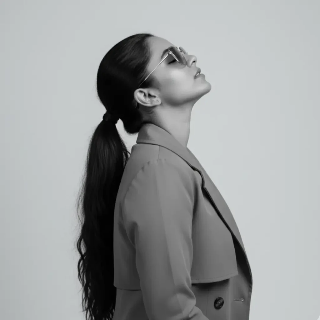 Black and white profile portrait of a stylish woman in sunglasses and a trench coat, representing the modern vision and confident designs found in the indian ethnic collection online.