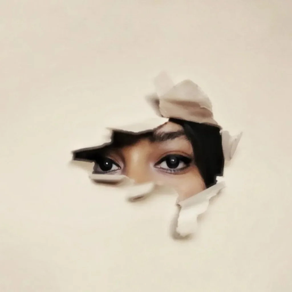 Woman's eyes peeking through torn paper, used as a blog header image for the indian ethnic collection online website.