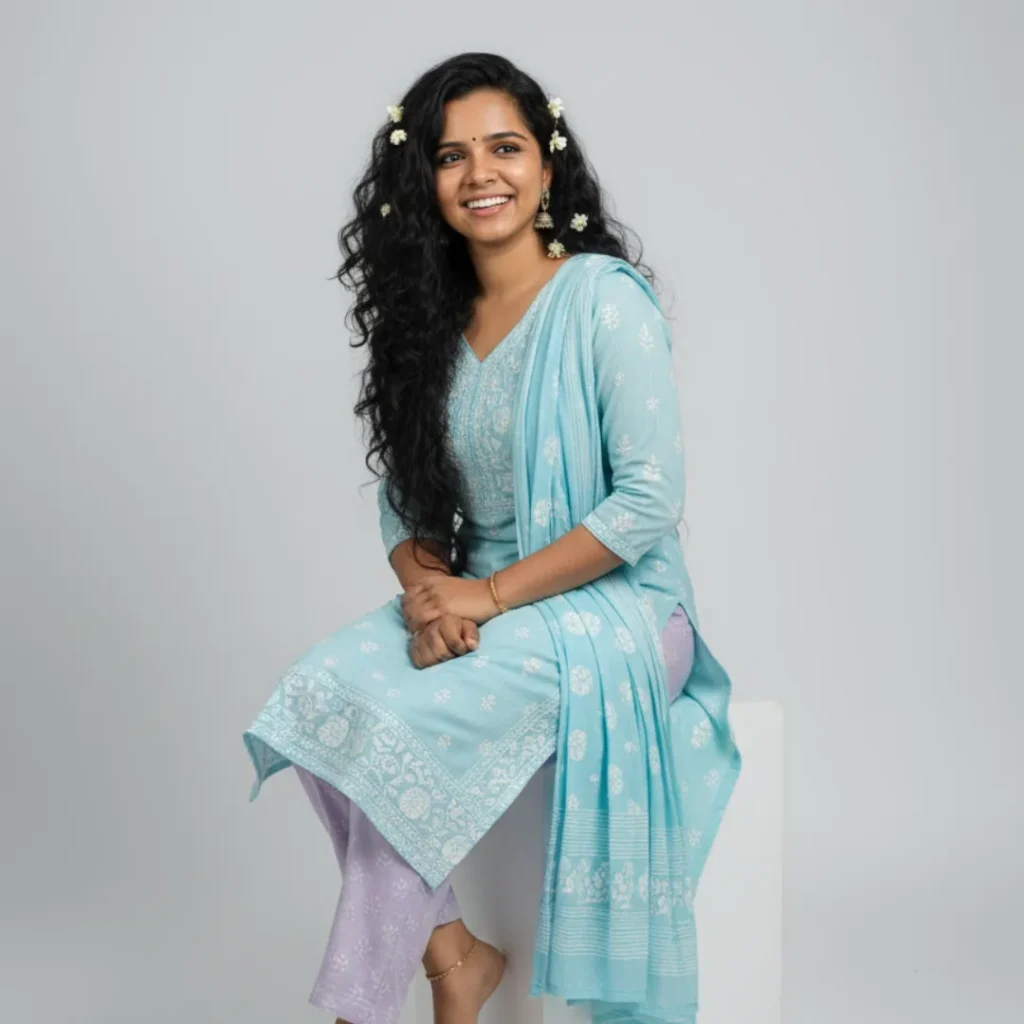Smiling woman sitting down, wearing a comfortable light blue embroidered Kurti set with a matching dupatta and lilac pants, from the indian ethnic collection online.