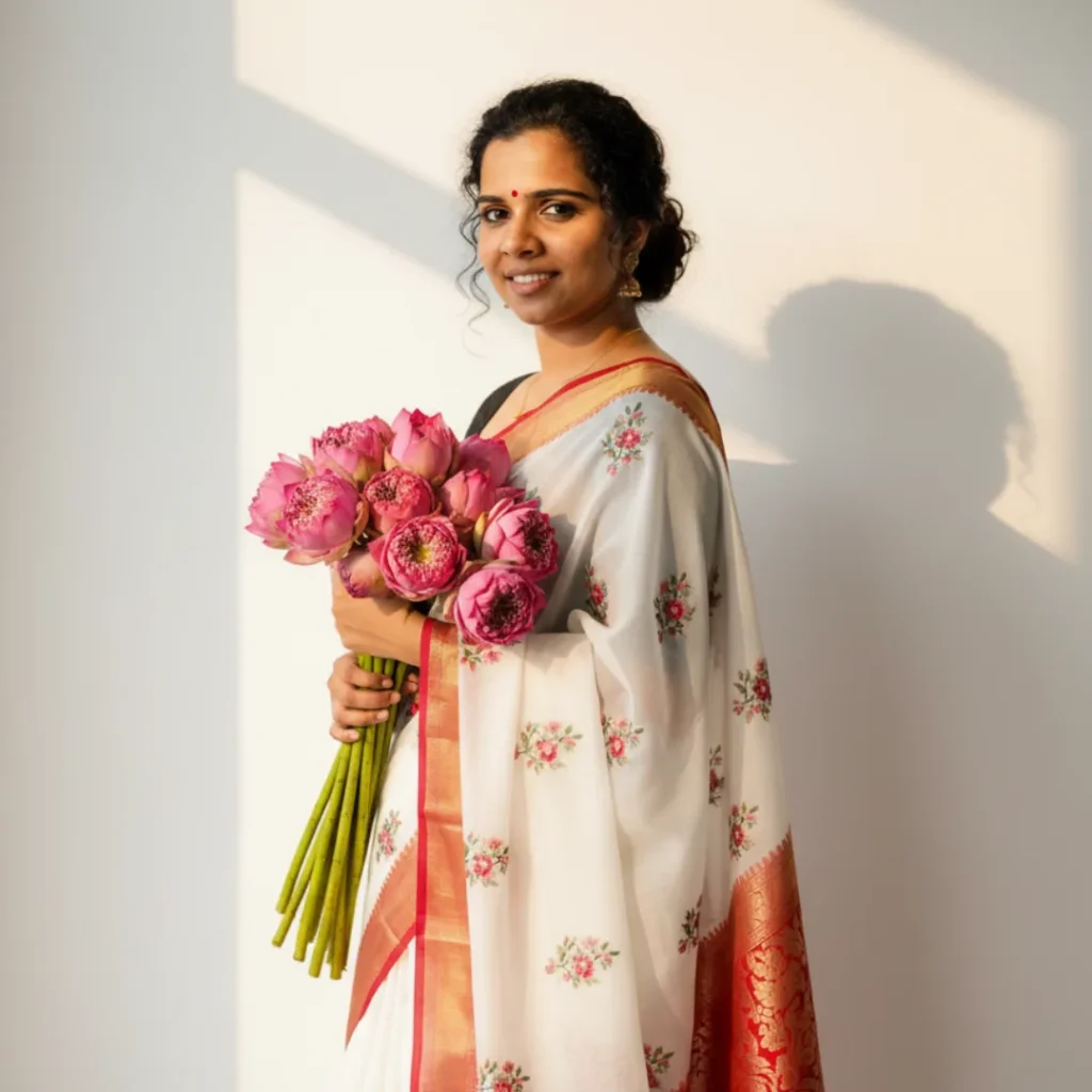 Model posing in a beautiful traditional white and red Saree from the indian ethnic collection online.