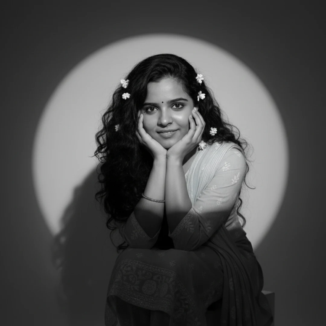 Model happily posing under a spotlight in a light-colored, embroidered Kurti, showcasing the casual-wear options in the indian ethnic collection online.